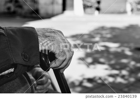 old man with a walking stick, black and white 23840139