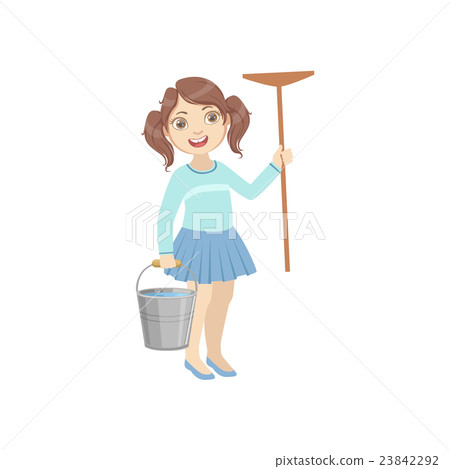 Girl Holding The Mop And Water Bucket 23842292