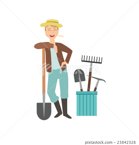 Guy Leaning On Spade With Bucket Of Other Farm 23842328