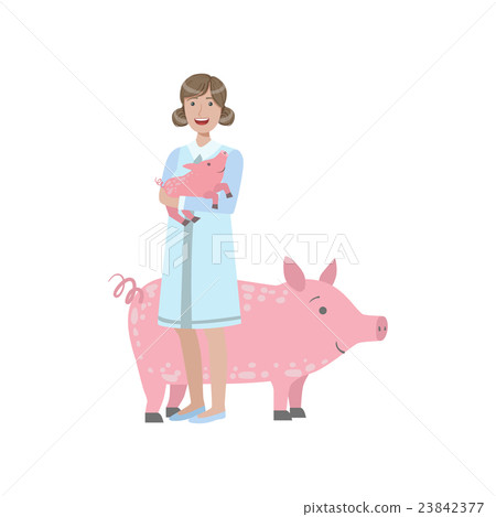 Woman In White Gown Holding A Piglet With Adult 23842377