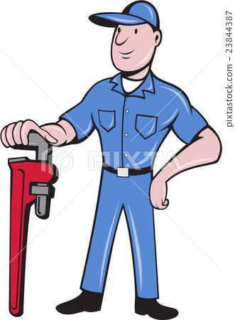 Plumber Standing Pipe Wrench Cartoon 23844387