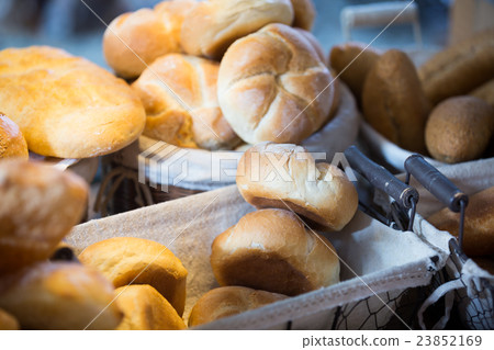 Fresh round scones at bakery display Fresh round scones at bakery display 23852169