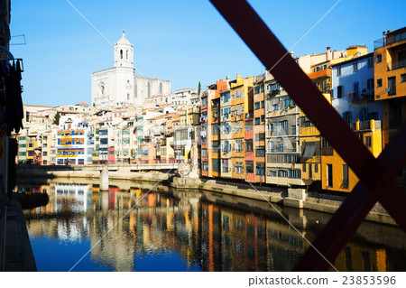 picturesque houses and church in Girona. Catalonia, Spain 23853596