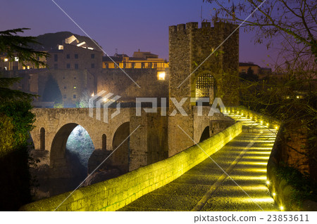 evening view of medieval bridge at Besalu. Catalonia evening view of medieval bridge at Besalu. Catalonia 23853611
