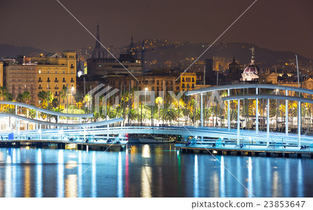 Port Vell with bridge in autumn night. Barcelona Port Vell with bridge in autumn night. Barcelona 23853647