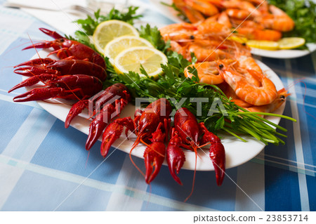 Delicious Mediterranean seafood shrimps and crawfish close up Delicious Mediterranean seafood shrimps and crawfish close up 23853714