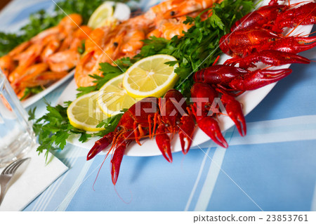 Delicious Mediterranean seafood shrimps and crawfish close up 23853761