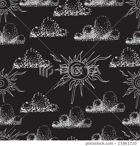 Vector seamless pattern. Hand drawn clouds and sun - Stock Illustration ...