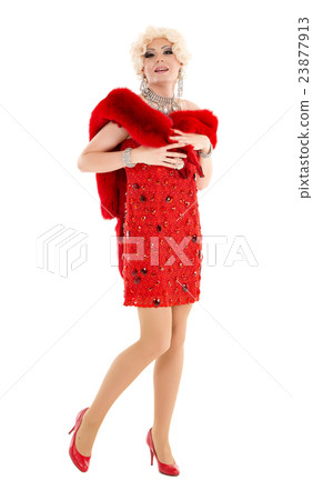 Drag Queen in Red Dress with Fur Performing 23877913