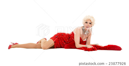 Drag Queen in Red Dress with Fur Lying on the Floor 23877926