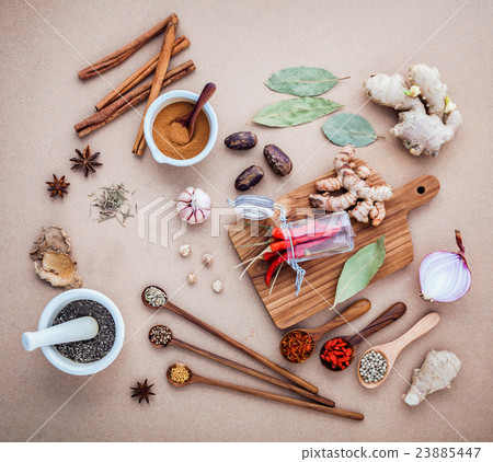 Mixed spices and herbs background Mixed spices and herbs background 23885447