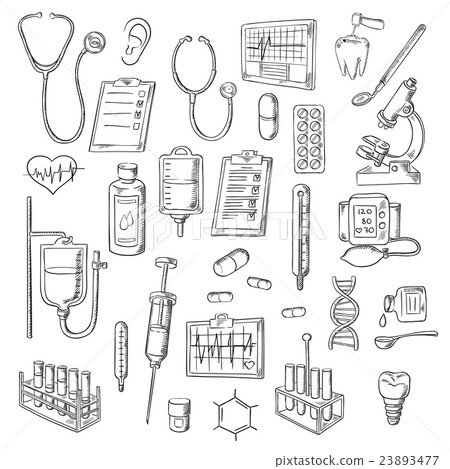 Medical checkup and treatments sketch icons 23893477