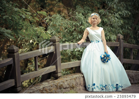 Bride in beauty wedding dress standing on bridge 23893479