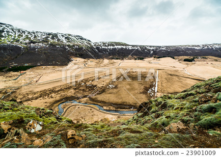 Mountain view with moss on cliffs 23901009