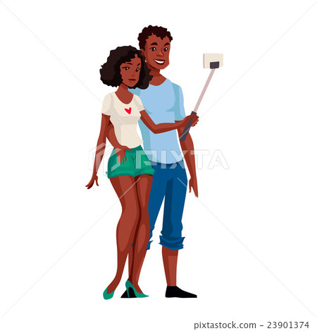 African American dark skinned couple taking selfie - Stock Illustration