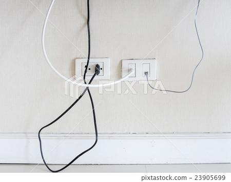 Old white socket with power plug and antenna line. 23905699