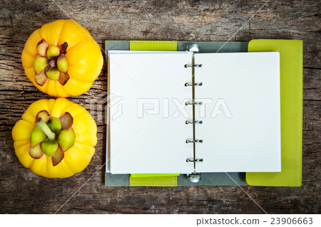 Top view. Garcinia cambogia on wood background. Top view. Garcinia cambogia on wood background. 23906663
