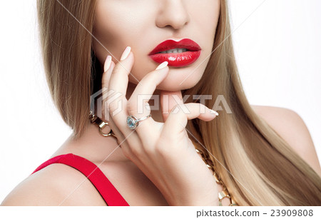 Close-up portrait of woman with red full lips as Close-up portrait of woman with red full lips as 23909808