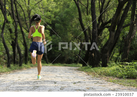 young woman trail runner running at forest trail 23910037