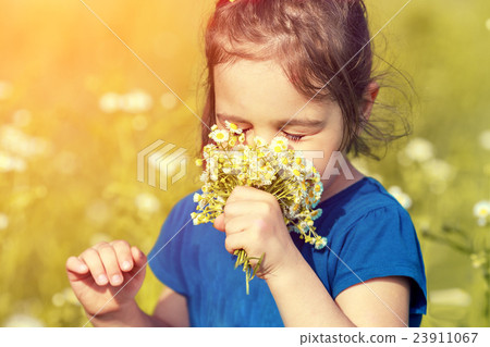 Happy little girl sniffs flowers on the field 23911067