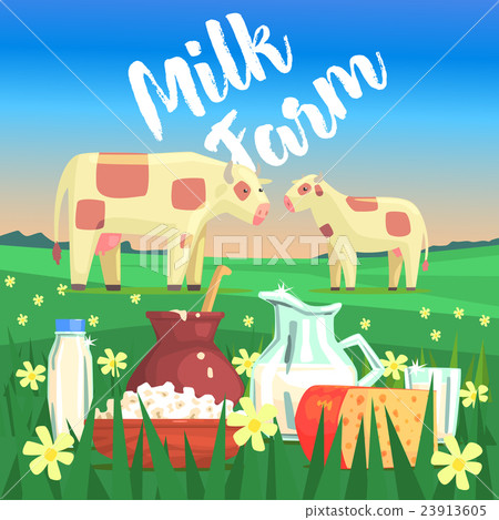 Landscape With Two Cows And Milk Products On The 23913605