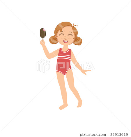Girl In Swimsuit Eating Ice-Cream On A Stick 23913619