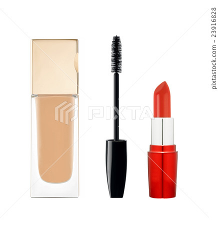 foundation, mascara, lipstick isolated on white 23916828