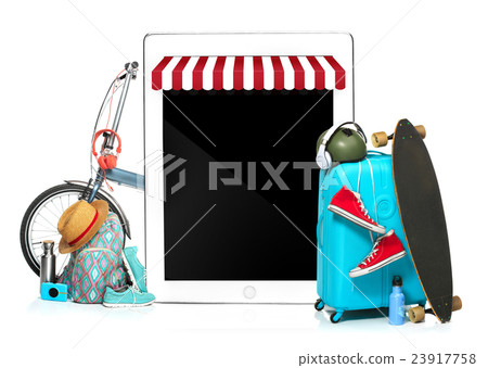 The blue suitcase, sneakers, clothing, hat, and 23917758