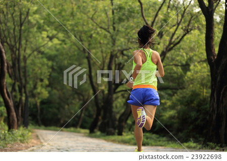 young fitness woman trail runner running in forest 23922698