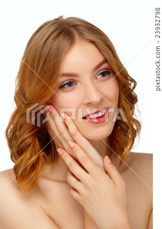 Face of beautiful young woman with blue eyes and red lips. Beaut Face of beautiful young woman with blue eyes and red lips. Beaut 23932798