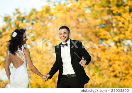 Merry newlyweds dance in the golden forest 23933800