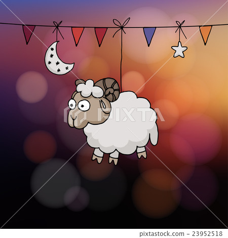 Eid al Adha card. Hand drawn sheep, party flags, 23952518