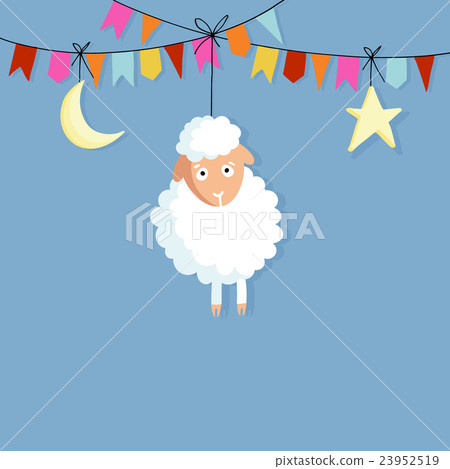 Eid al Adha. Hand drawn sheep, party flags, moon. 23952519