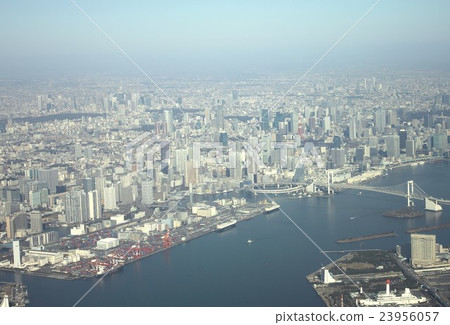 Looking at the Imperial Palace and Tokyo center over the Tokyo Bay over Tokyo Port and the Rainbow Bridge Looking at the Imperial Palace and Tokyo center over the Tokyo Bay over Tokyo Port and the Rainbow Bridge 23956057