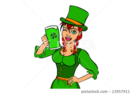 Beautiful leprechaun girl beer and smoking pipe 23957911