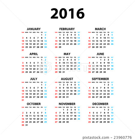 Calendar for 2016 on White Background. Week Calendar for 2016 on White Background. Week 23960776