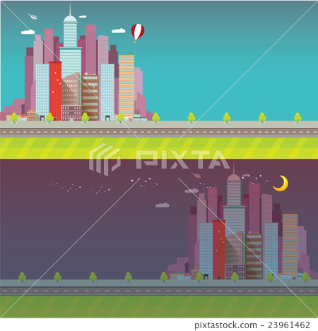 vector day and night city skyline - Stock Illustration [23961462] - PIXTA