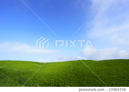 The pyroclastic flow plateau of the gigantic eruption making the Aso caldera is covered with green The early morning of spring Spring sky blue sky and green grassland 23964336