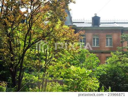 Antique red brick building beyond the trees 23966871