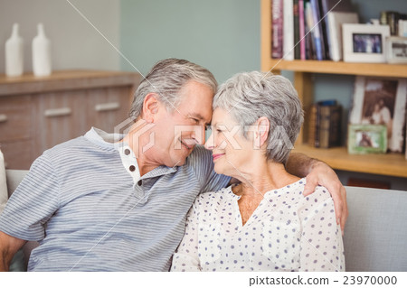 Happy senior couple sitting on sofa 23970000