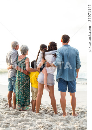 Rear view of a happy family posing at the beach 23971145