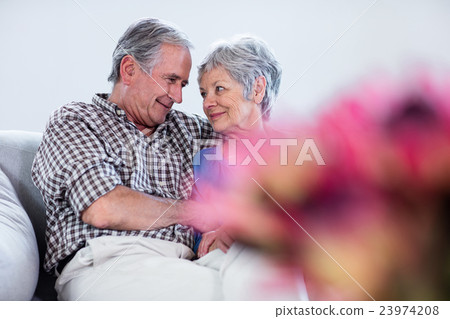 Happy senior couple embracing each other on sofa 23974208