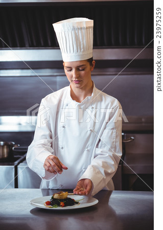 Chef sprinkling spices on dish Chef sprinkling spices on dish 23975259