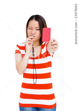 Young woman whistling and showing red card 23979002
