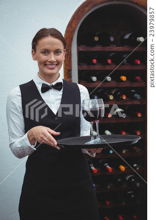 Smiling waitress holding a tray with glasses of red wine Smiling waitress holding a tray with glasses of red wine 23979857