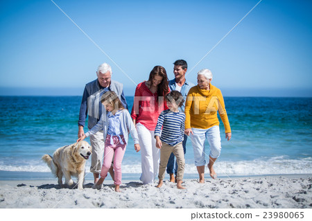 Happy family with their dog at the beach 23980065