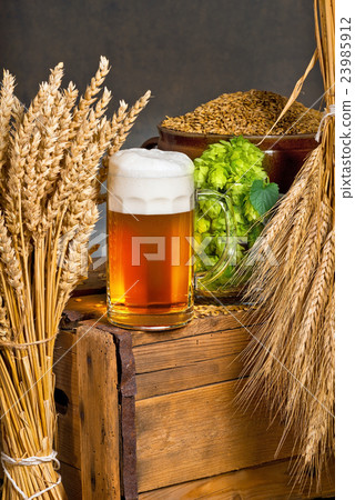 Glass of beer with raw material for beer productio 23985912