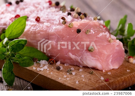 Detail of raw pork meat with salt and color pepper Detail of raw pork meat with salt and color pepper 23987006