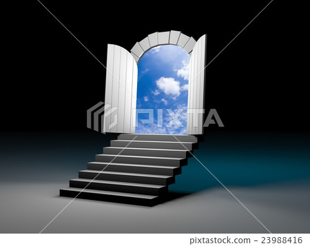 Door to blue clear sky with steps. 3d illustration Door to blue clear sky with steps. 3d illustration 23988416