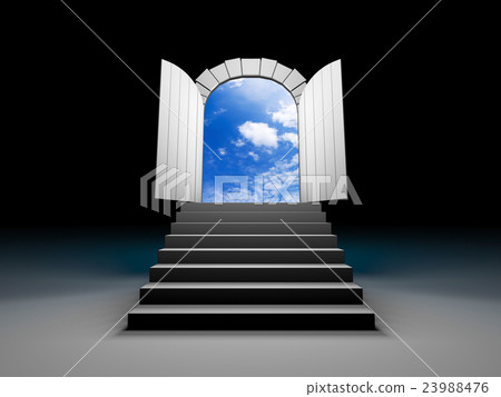 Door to blue clear sky with steps. 3d illustration 23988476